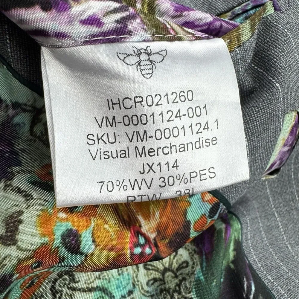 Hive & Colony Gray Pinstripe Blazer Mens 38L Wool Blend Floral Lined Sport Coat